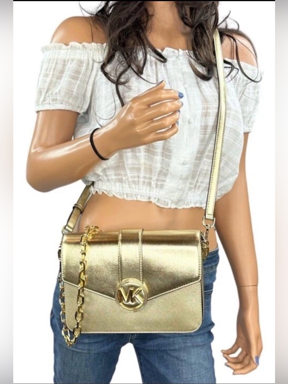 Michael Kors Carmen medium Convertible Shoulder Crossbody Bag Pale Gold NWT
